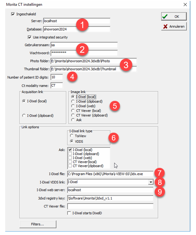 Instellingenvenster Morita CT met server, database, mappen, koppelingstype en pad naar 3dx.exe voor I-Dixel integratie