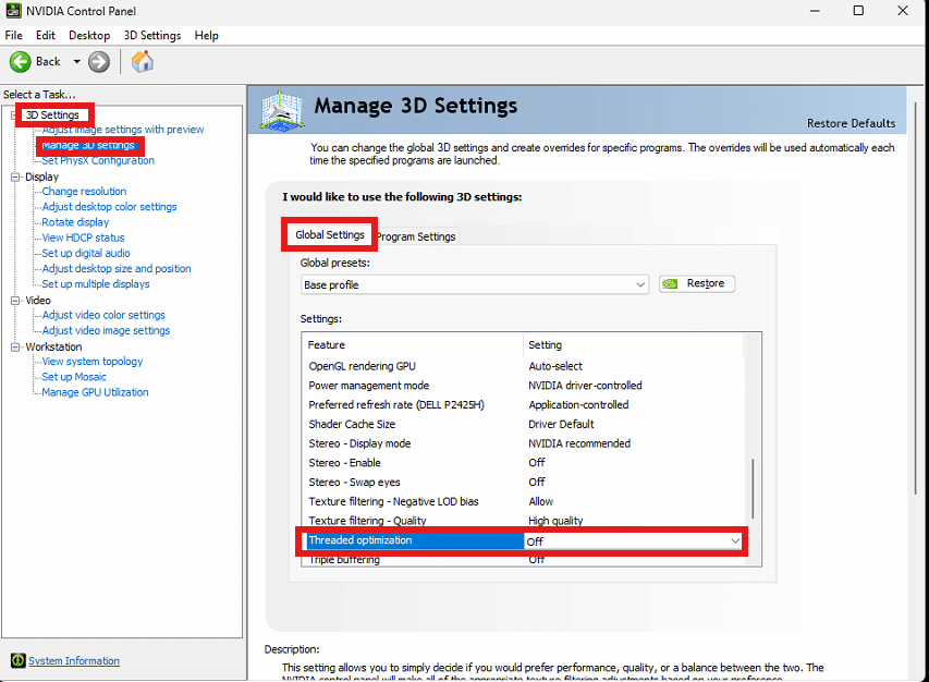NVIDIA Control Panel met instelling Threaded optimization uitgeschakeld onder Manage 3D Settings - Global Settings