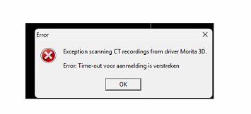 Foutmelding “Exception scanning CT recordings from driver Morita 3D” met tekst over verlopen aanmelding in VisiQuick